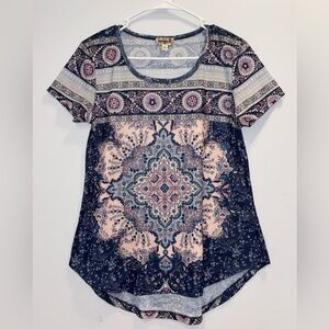 ONE WORLD Blue and Pink Mandala Short Sleeve Top with Pink Rhinestones